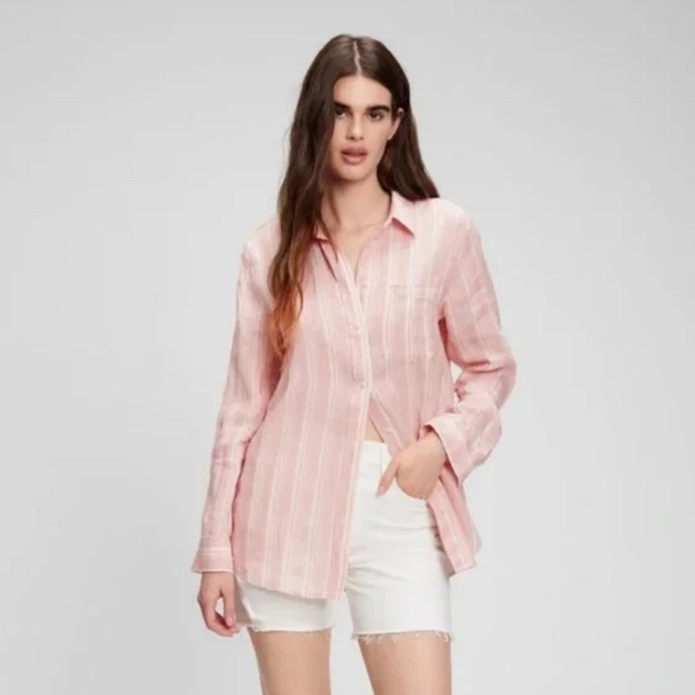 NWT GAP 100% Linen Boyfriend Shirt Pink Striped Button Down.
